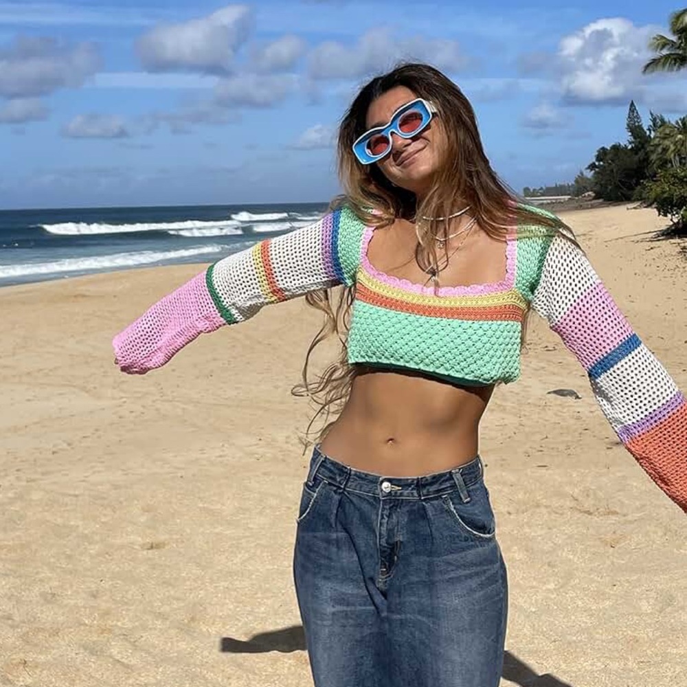 Amazon Women Y2K Crochet Long Sleeve Crop Top